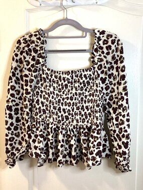 TU Women's Off The Shoulder Cropped Top Size 12 Animal Print Smocking